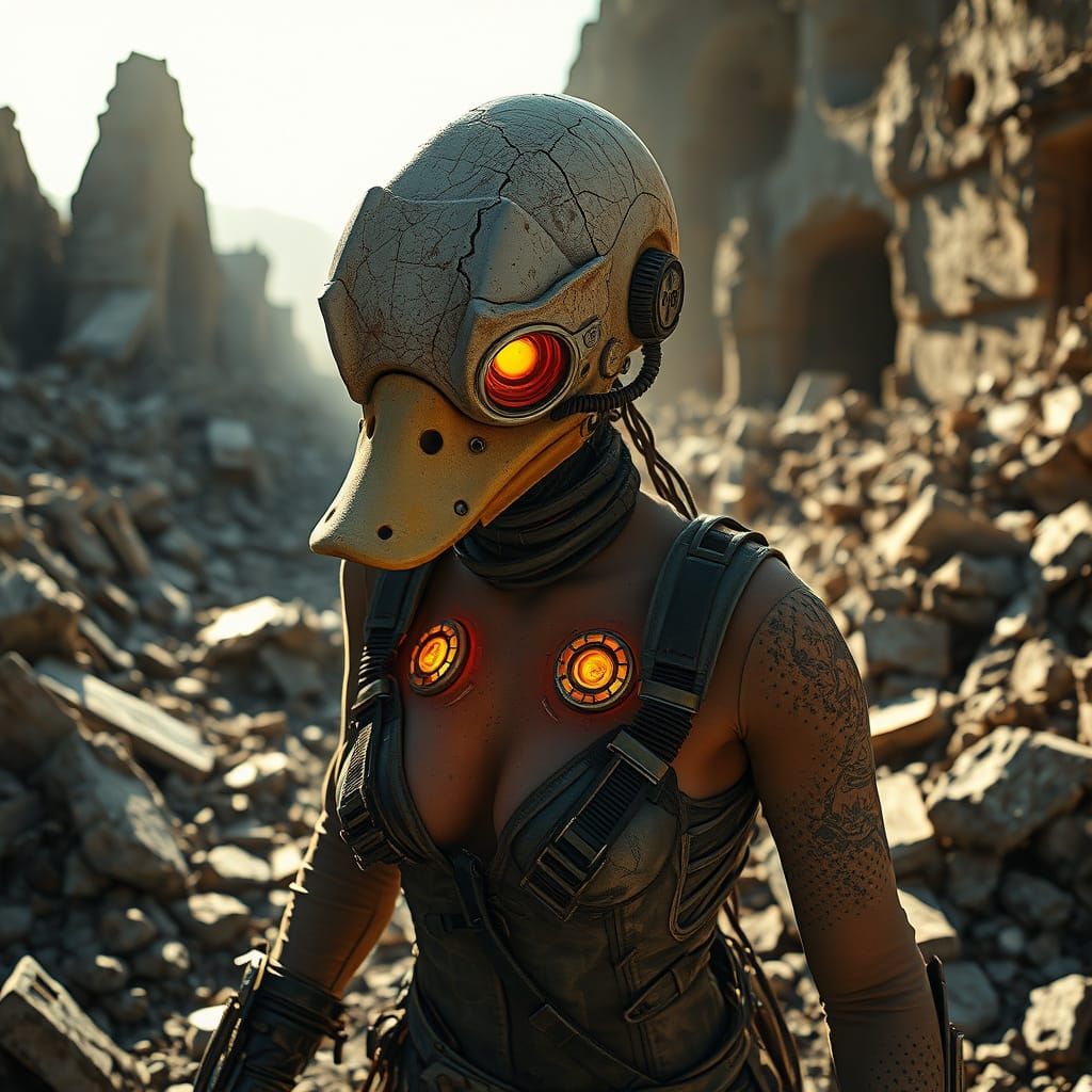 Cyberpunk Woman in Ruins: Biomechanical Screen Print