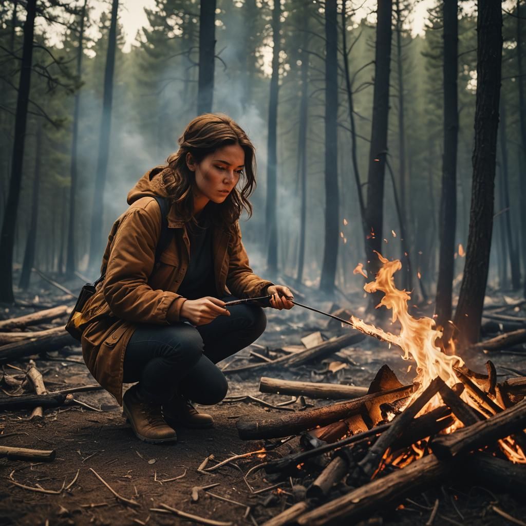 Girl with Brown Hair Controls Fire: Cinematic Film Still