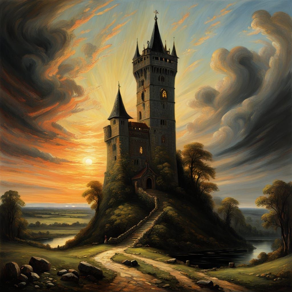 Medieval Tower Sunrise in Cartoon Style