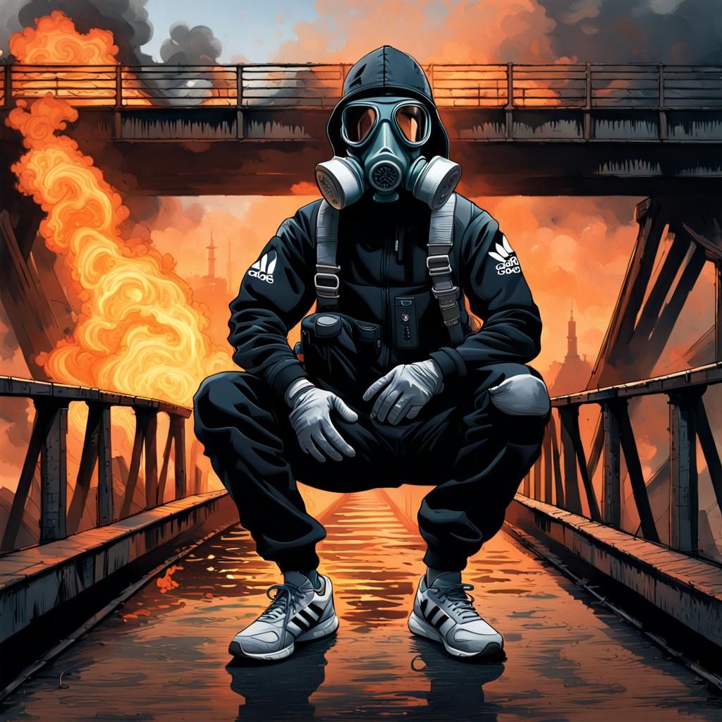 Hyperrealistic Soldier in Gas Mask on Burning Bridge