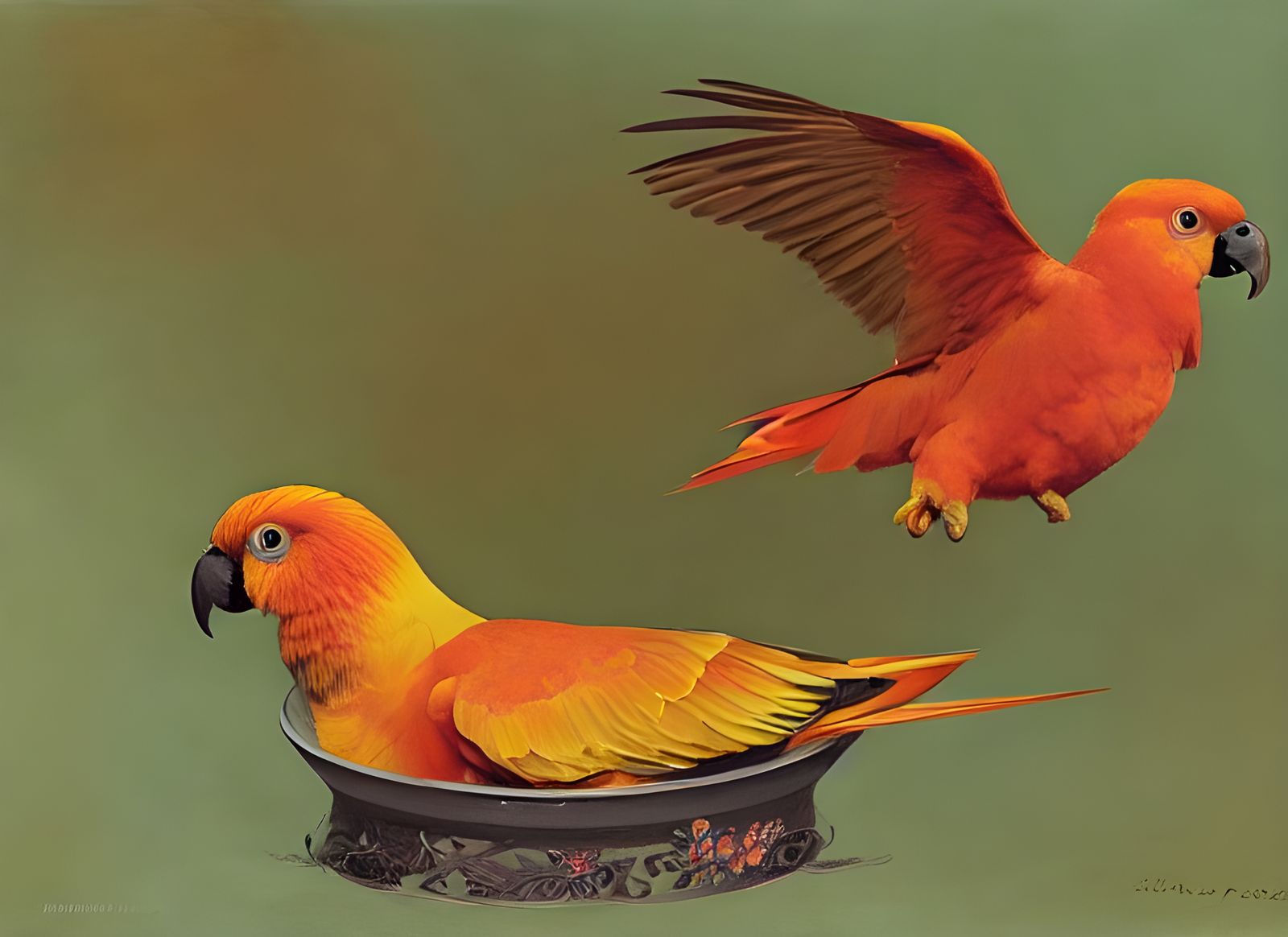 Sun Conure Bathing: Ornate Avian Portrait