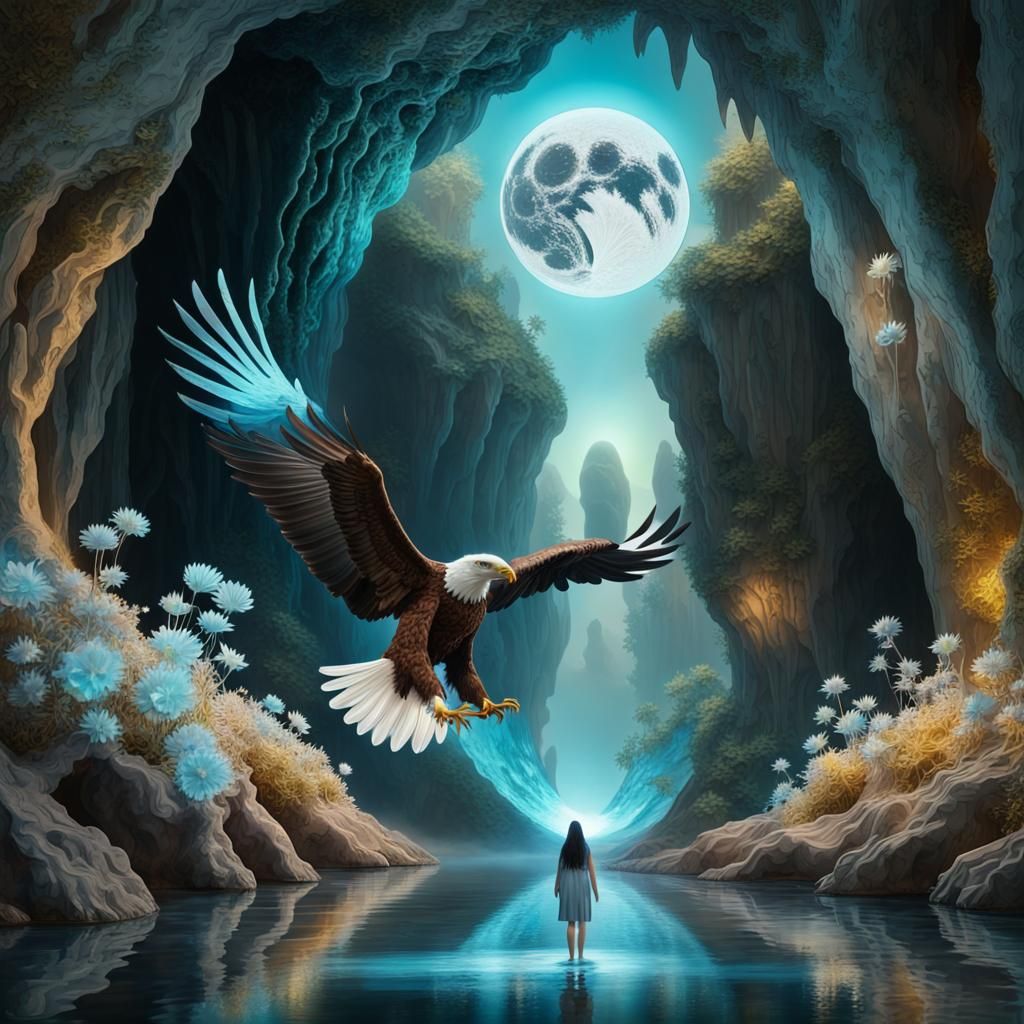 Eagle Flying Above Crystal Cave: 3D Render
