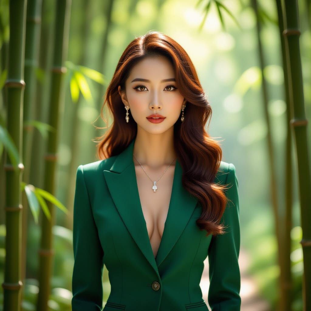 Chinese Woman in Emerald Suit, Hyperrealistic Film Still