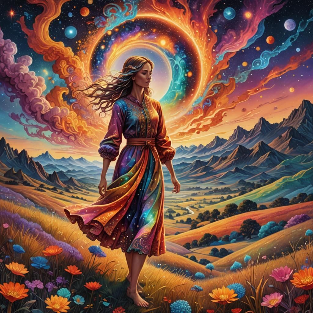 Vibrant Cosmic Dreamscape in Mixed Media Style