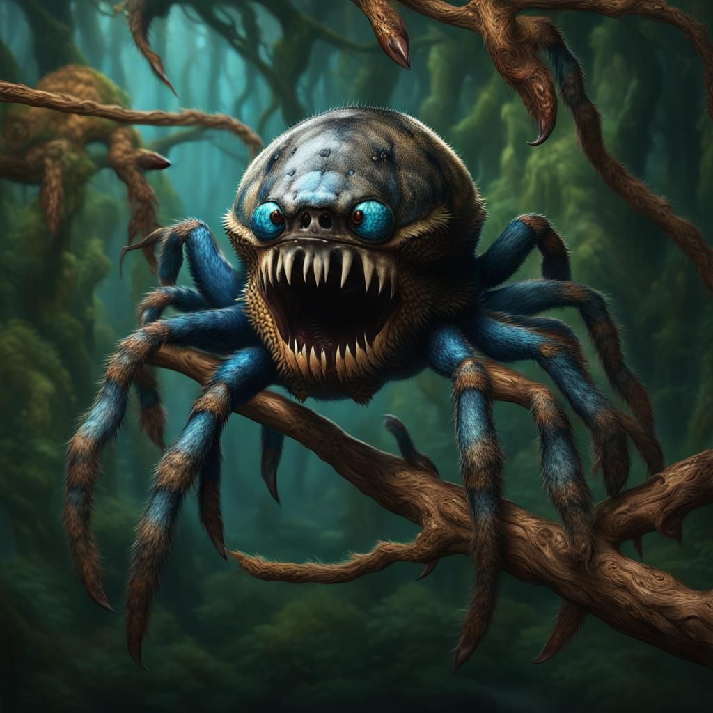 Piranha-Headed Tarantula Weaving a Web, Detailed Matte Paint...