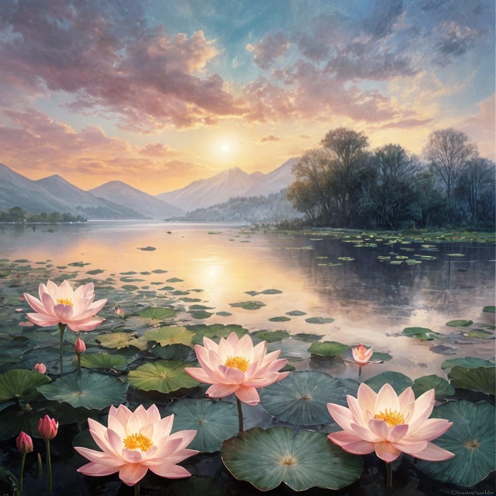 Serene Dreamlike Lake at Twilight with Floating Lotus Flower...