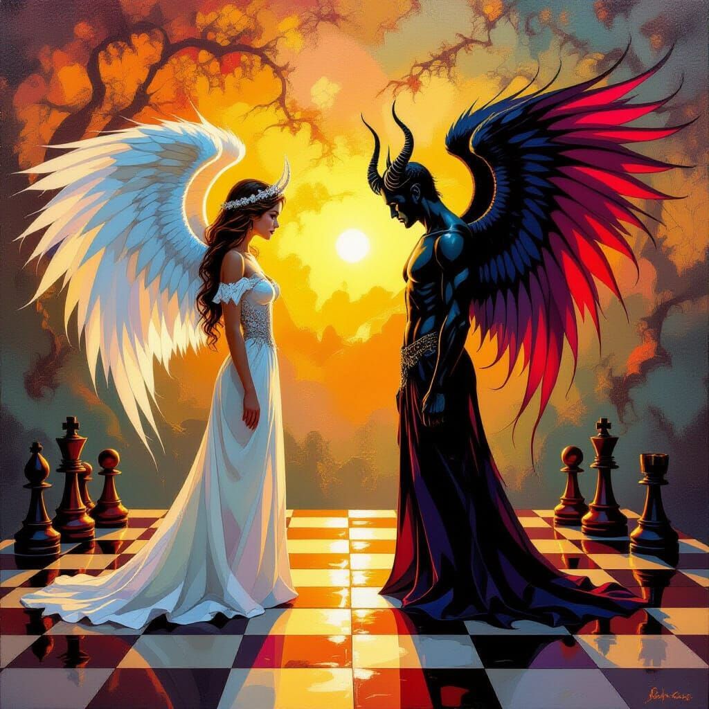 Angel and Demon on Chessboard in Surreal Oil Painting