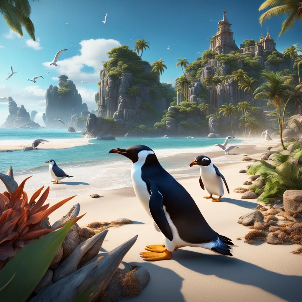 Tropical Beach Scene with Penguin and Seal