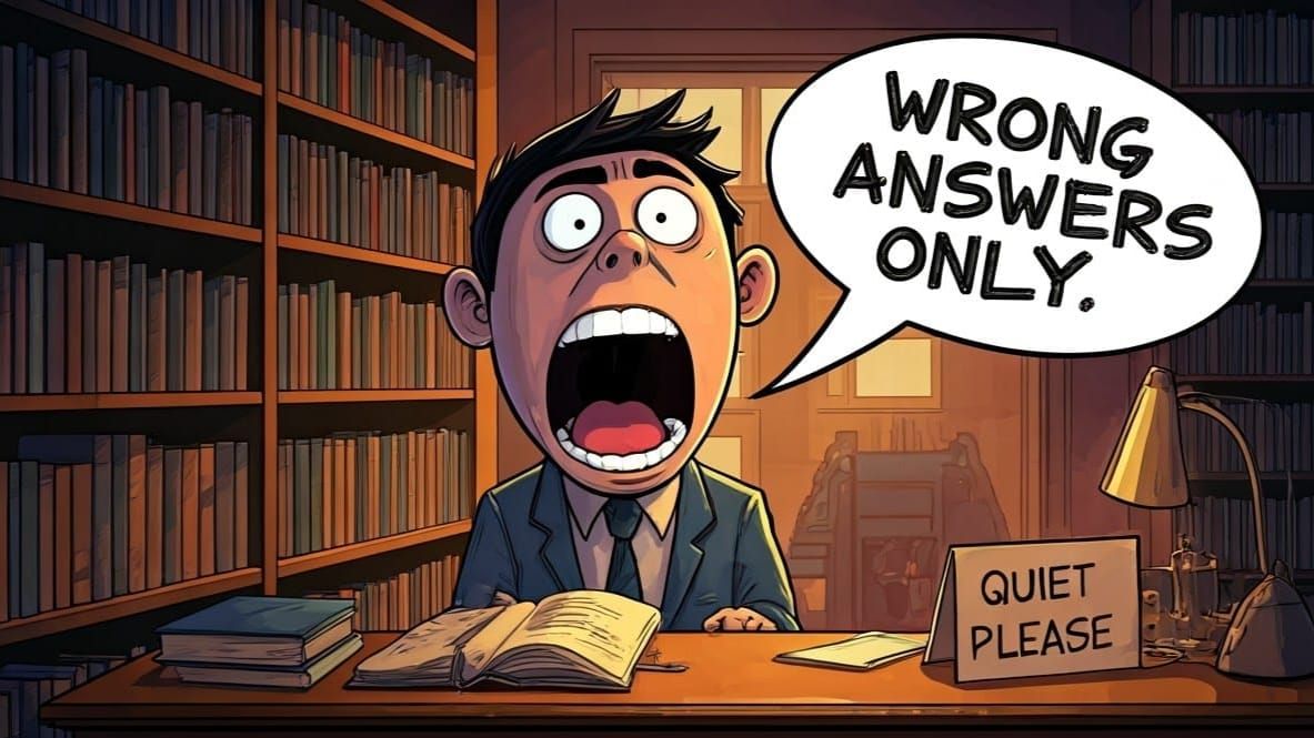 Cartoon Figure Shouts Wrong Answers in a Library
