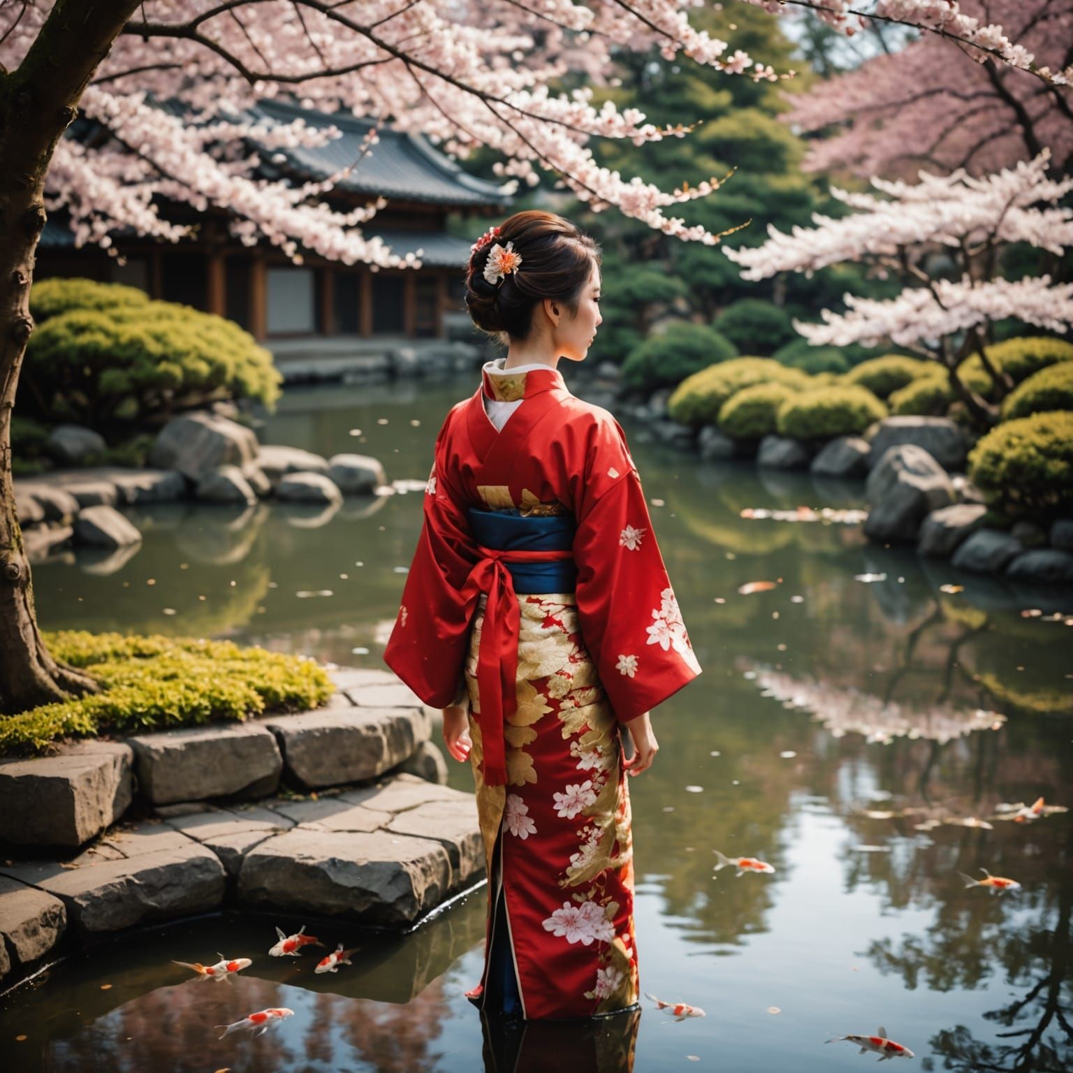 A beautiful Japanese woman in a traditional kimono of red and gold stands on the side of a koi pond, watching the cherry...