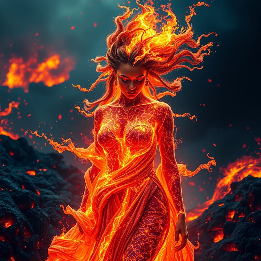 Fiery Goddess Amidst Volcanic Eruption in Hyper-Realistic Po...