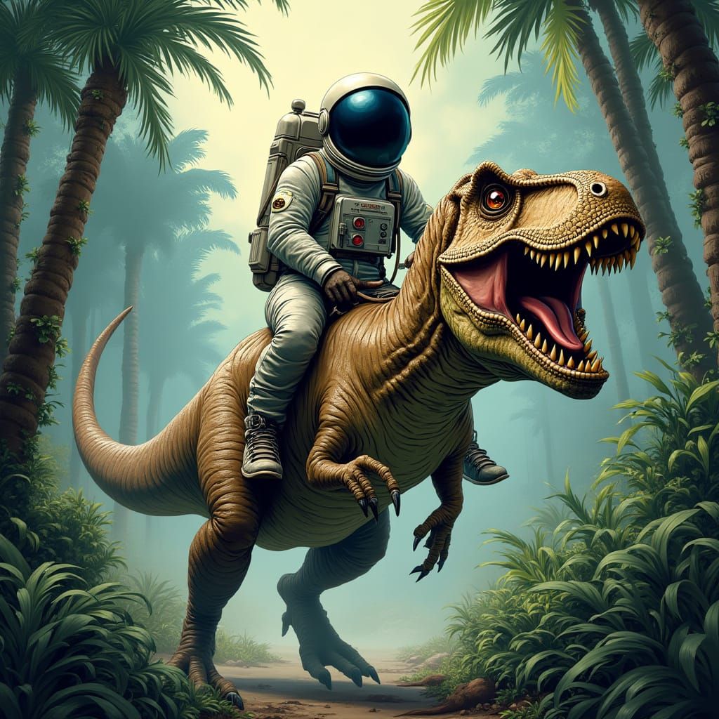 Astronaut Rides T-Rex in Jungle, Comic Book Style