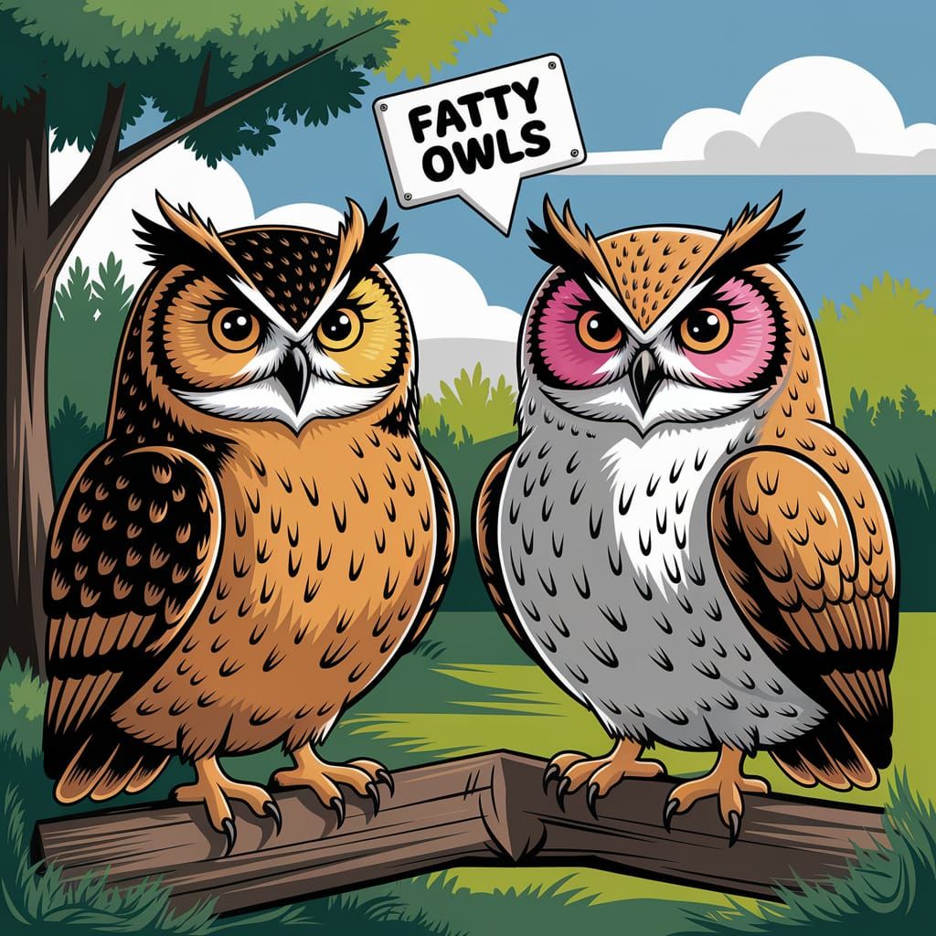 Two Fat Owls With 'Fatty Owls' Sign