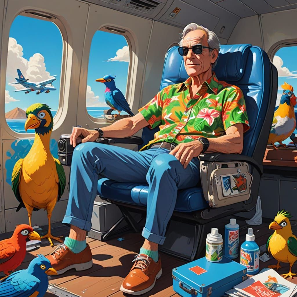 Sun-Kissed Anthropomorphic Man Unwinds on a Plane in Vibrant...