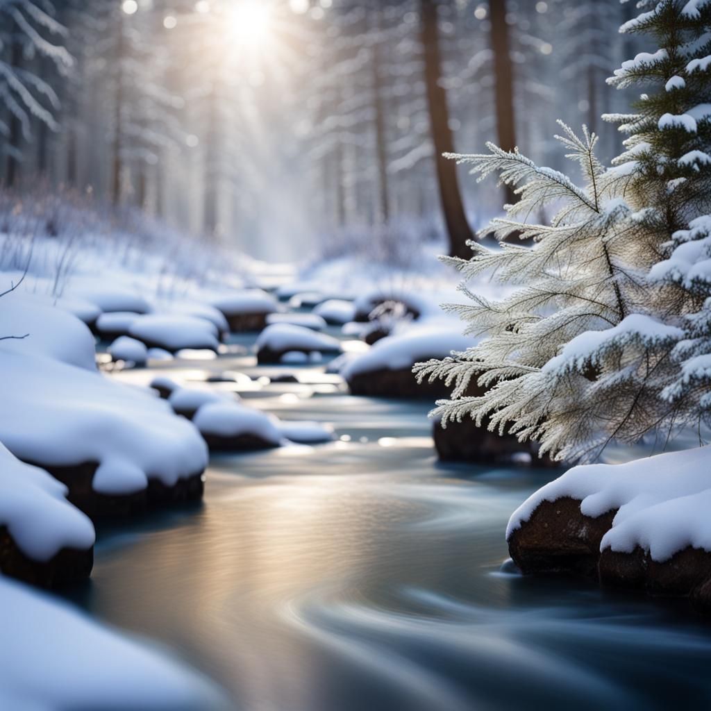 Winter River Scene in Snowy Forest