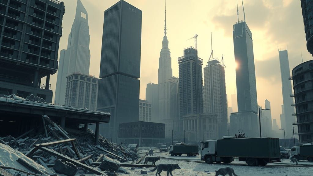 Dystopian Metropolis in Ruins, Wolves Roam the Streets