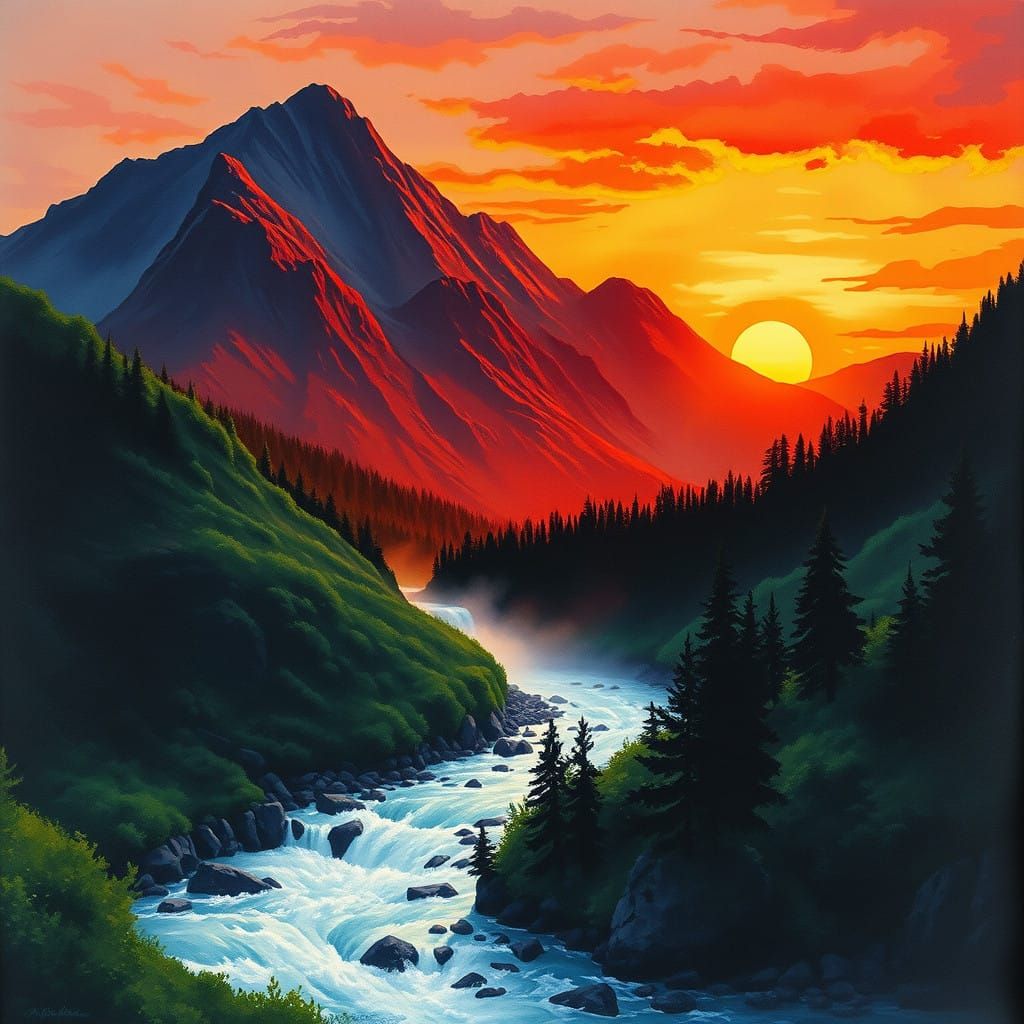 Mountain Waterfall Sunset in Expressive Watercolor