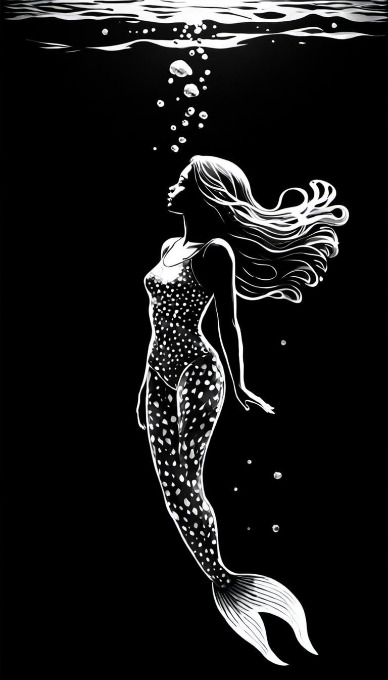 Monochrome Mermaid Sketch Underwater with Bold Lighting