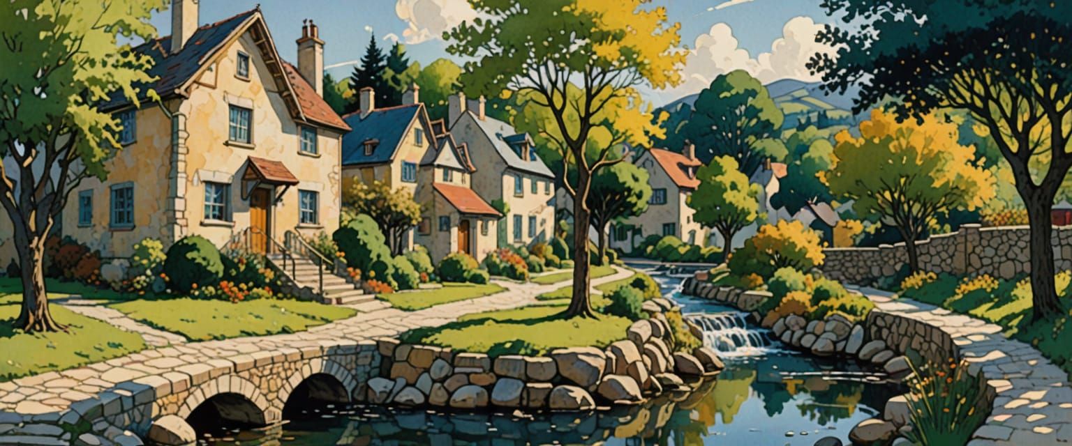 Quaint Village in Comic Book Watercolor Style