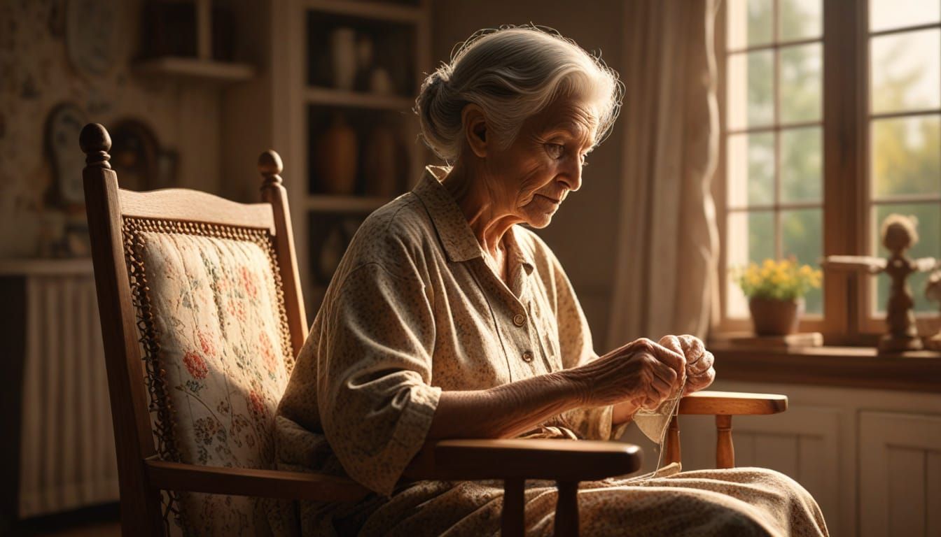 Grandmother Sewing in Golden Hour Light