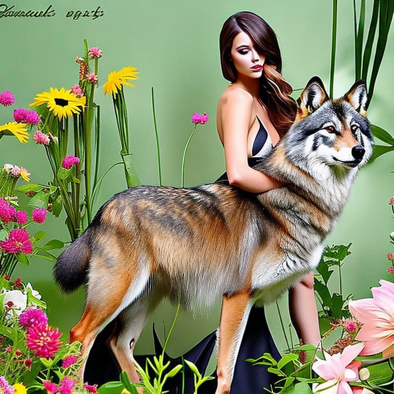 Sensual Woman and Wolf in Floral Setting