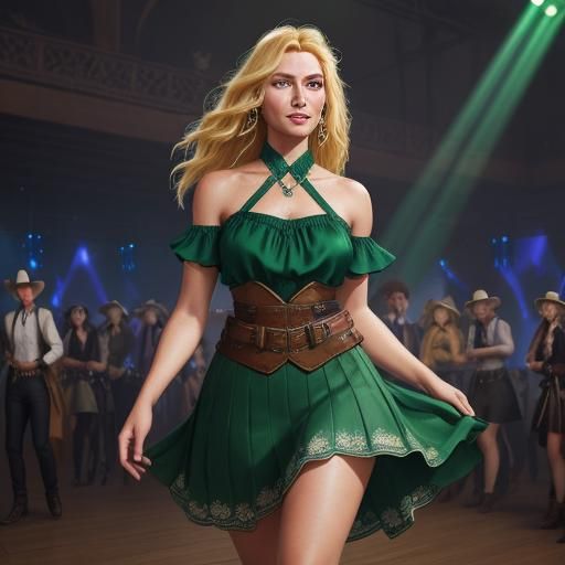 Cowgirl in Blue Dress Dancing, Fantasy Concept Art