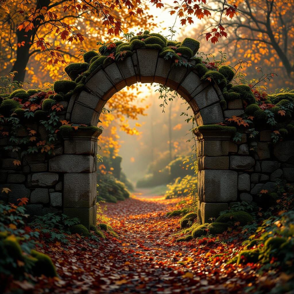 Ancient Stone Archway in Golden Autumn Light