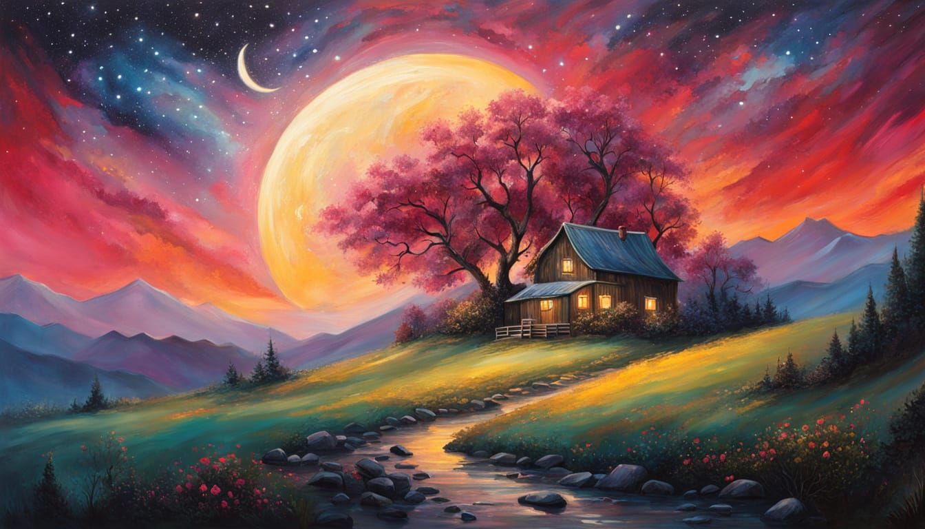 Surreal Countryside Landscape with Rustic House and Celestia...