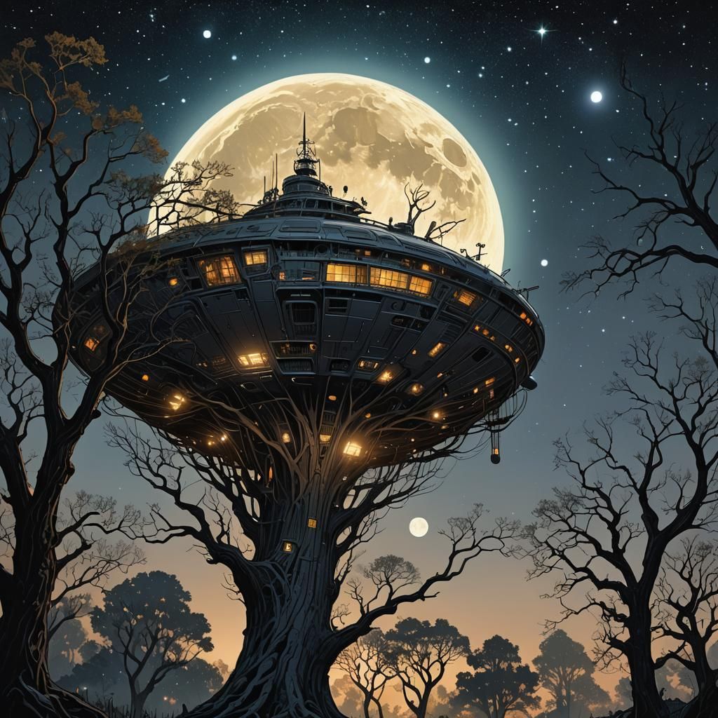 Alien Ship in Tree: Maximalist Digital Illustration