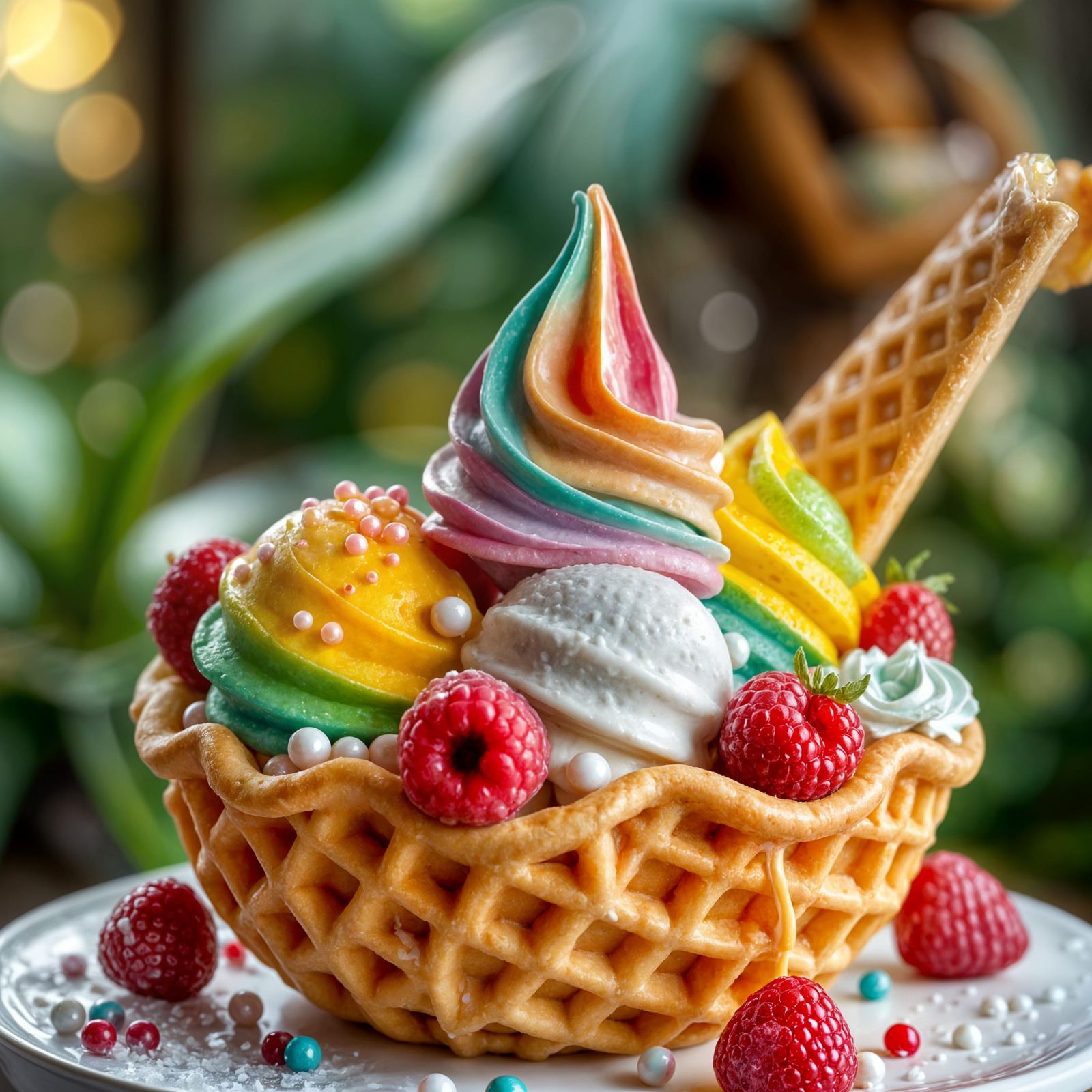 Hyperrealistic Rainbow Ice Cream Sundae in Golden Waffle Bow...