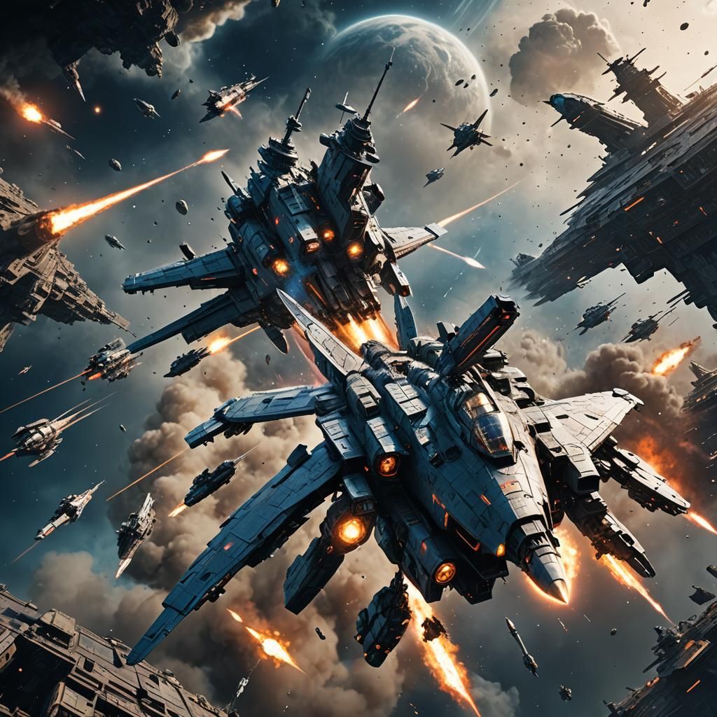 Space Battleship in Combat: Detailed Matte Painting