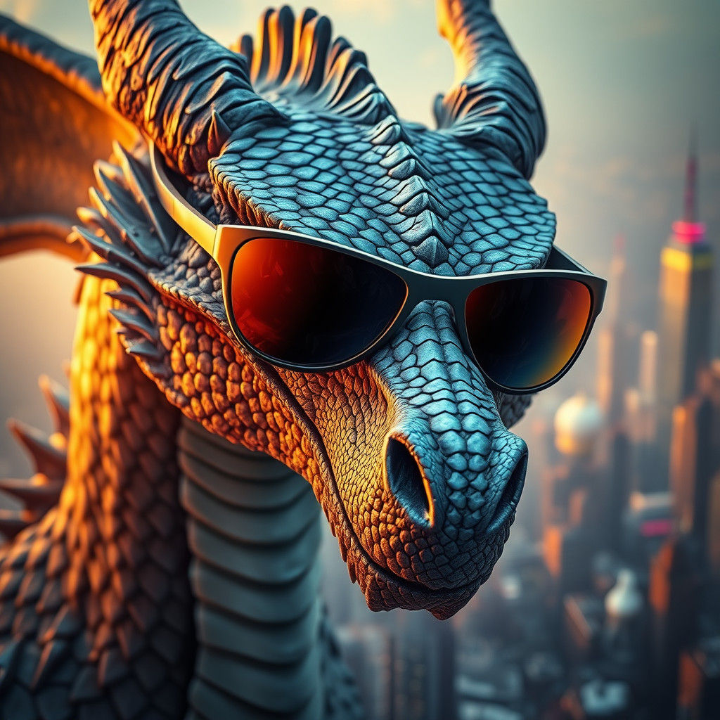 Dragon in Sunglasses with Cityscape Background
