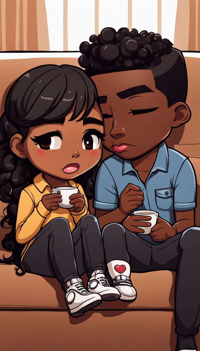 black chibi female and black chibi male, with brown skin, sick on a couch, blowing their noses