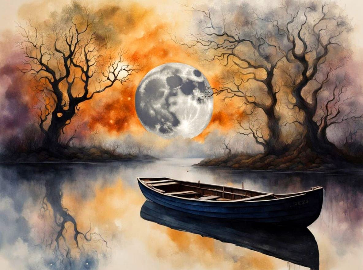 Desolate Nocturnal Scene with Blood Moon, in Watercolor Styl...