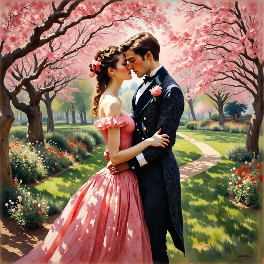 Romantic Impressionist Scene of Gay Couple in Stately Garden...