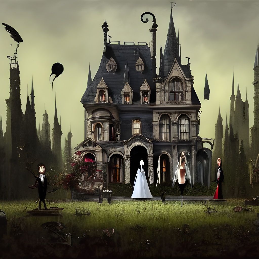 The Addams Familly, a highly intricate and hyper-detailed painting by Charles Addams, Ismail Inceoglu, Jean-Baptiste Mon...