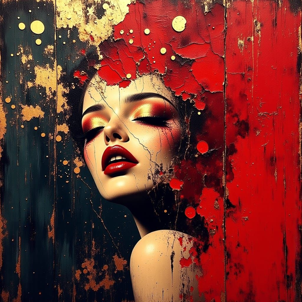 Surreal Red Art with Metallic Gold Leaf