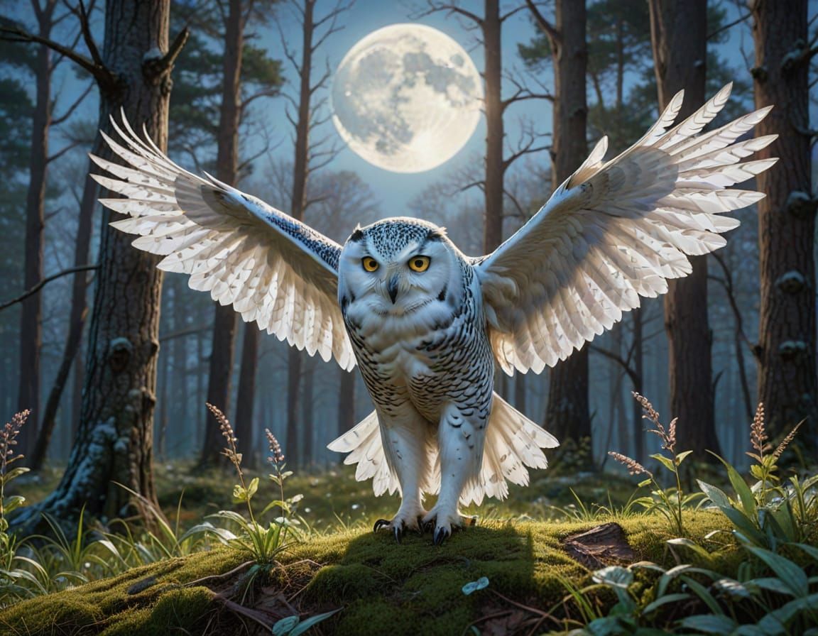 Snowy Owl Hunting Under Moonlight: Digital Art