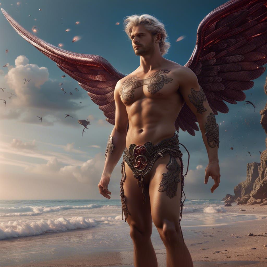 Male Angel on Beach: Detailed Fantasy Art