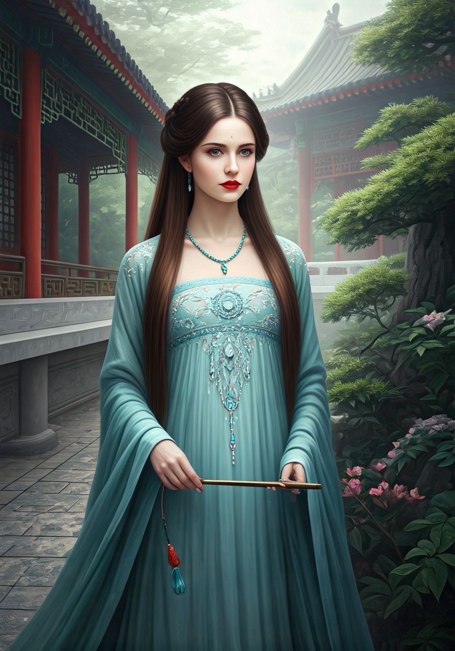Girl in Ancient Chinese Garden, Kinkade Style