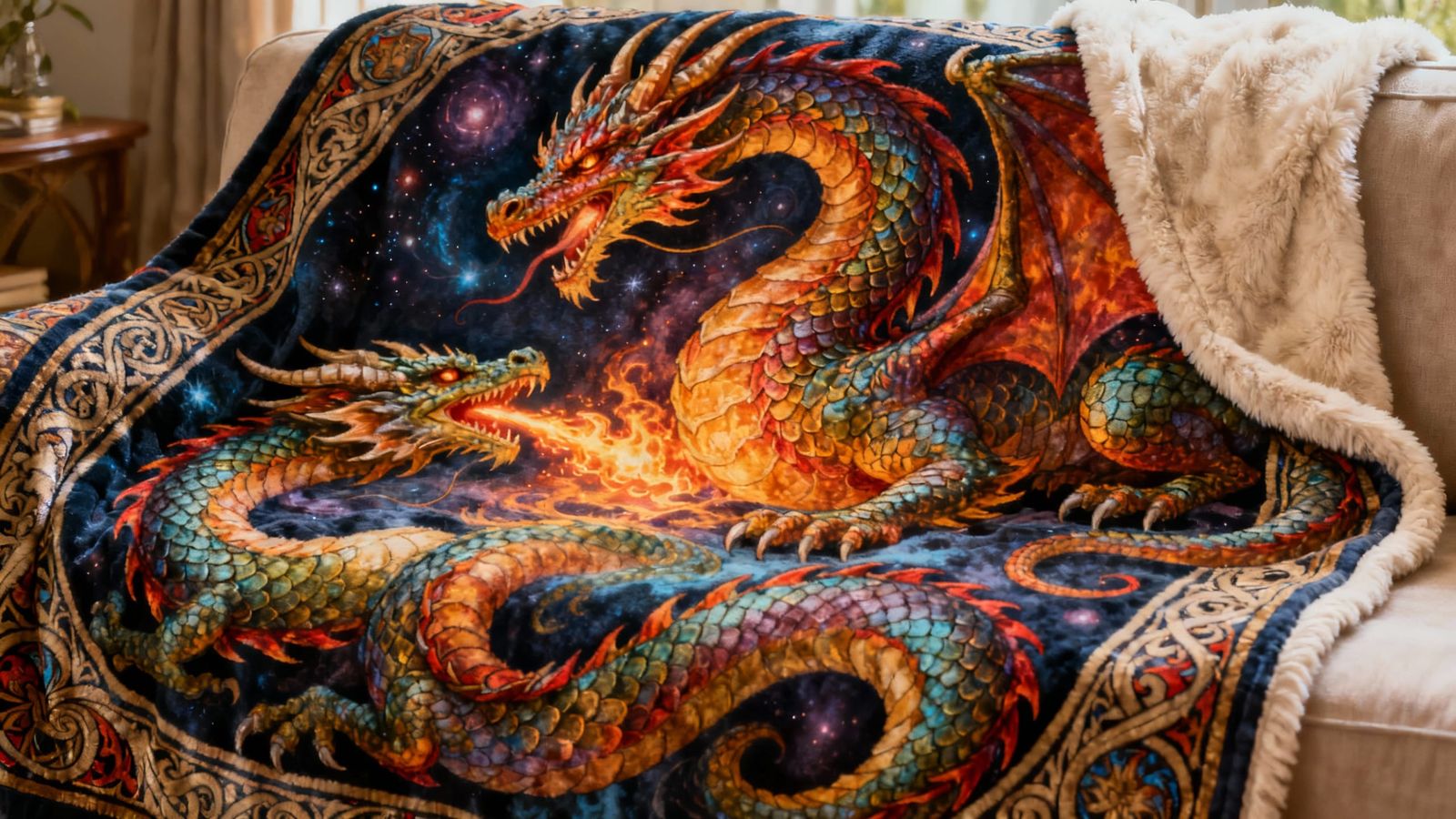 Cozy Dragon Blanket with Mythical Creatures