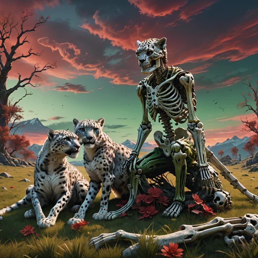 Snow Leopard Feast in a Fantastical Landscape