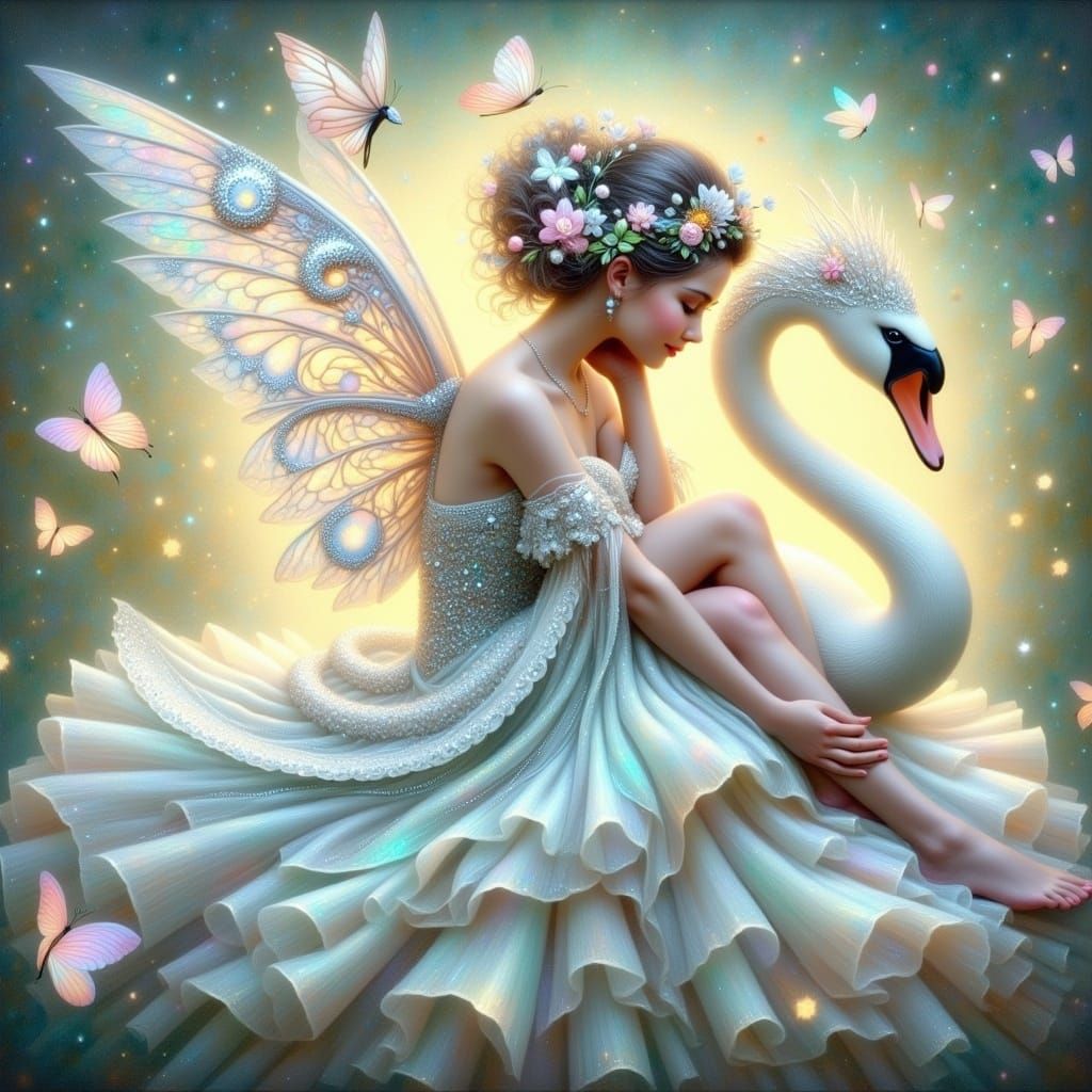 Ethereal Swan Fairy Amidst Whimsical Butterflies