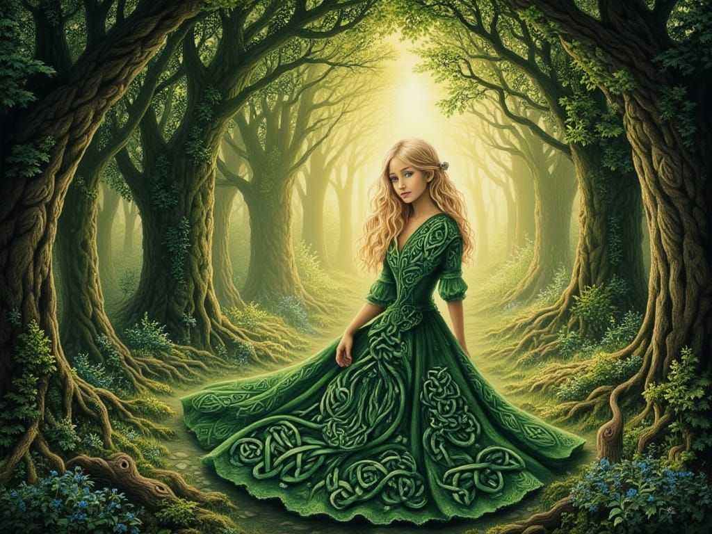 Irish Lass in Celtic Knotwork Dress in Ethereal Forest