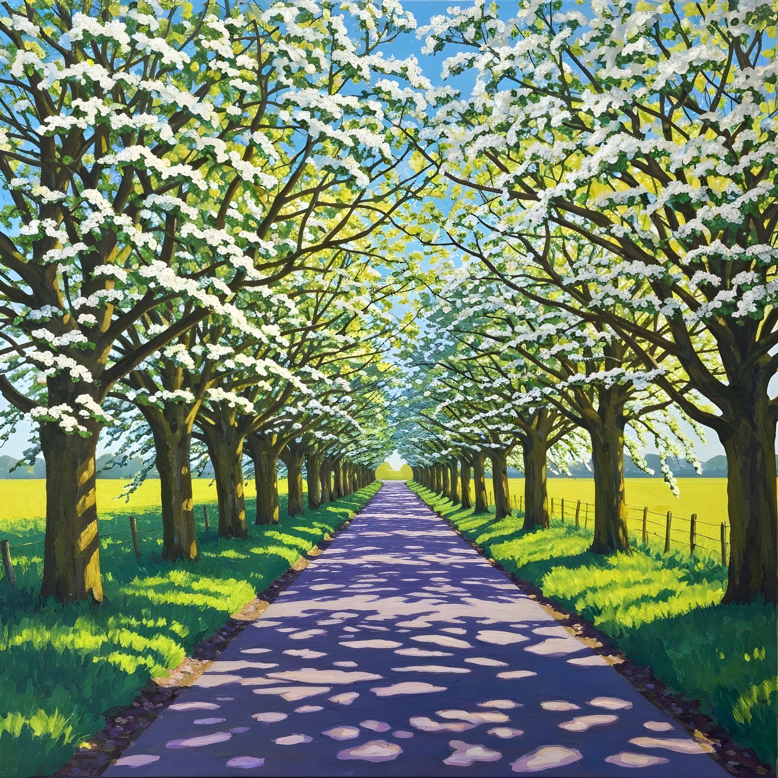 Country Lane Blooming Hawthorn Trees in David Hockney Style
