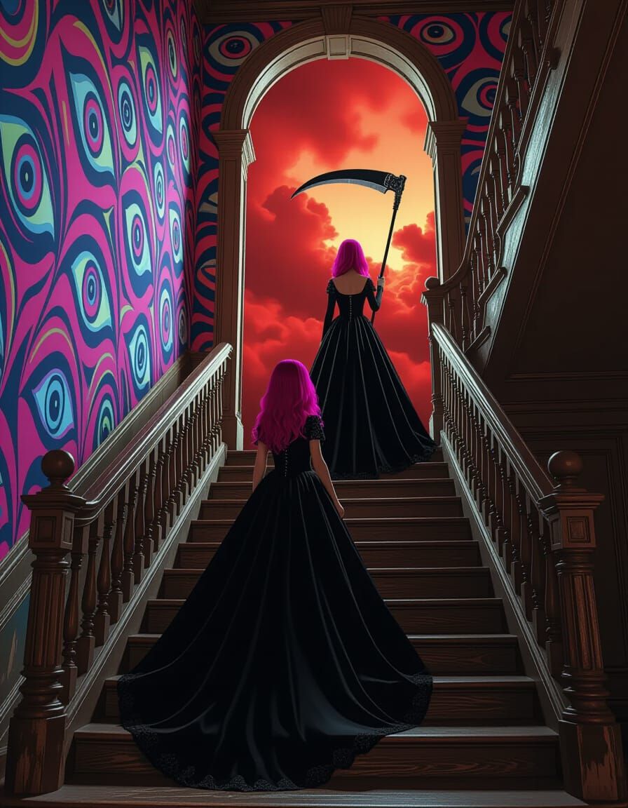 Girl Ascends Staircase To Meet Death Amidst Surreal Art