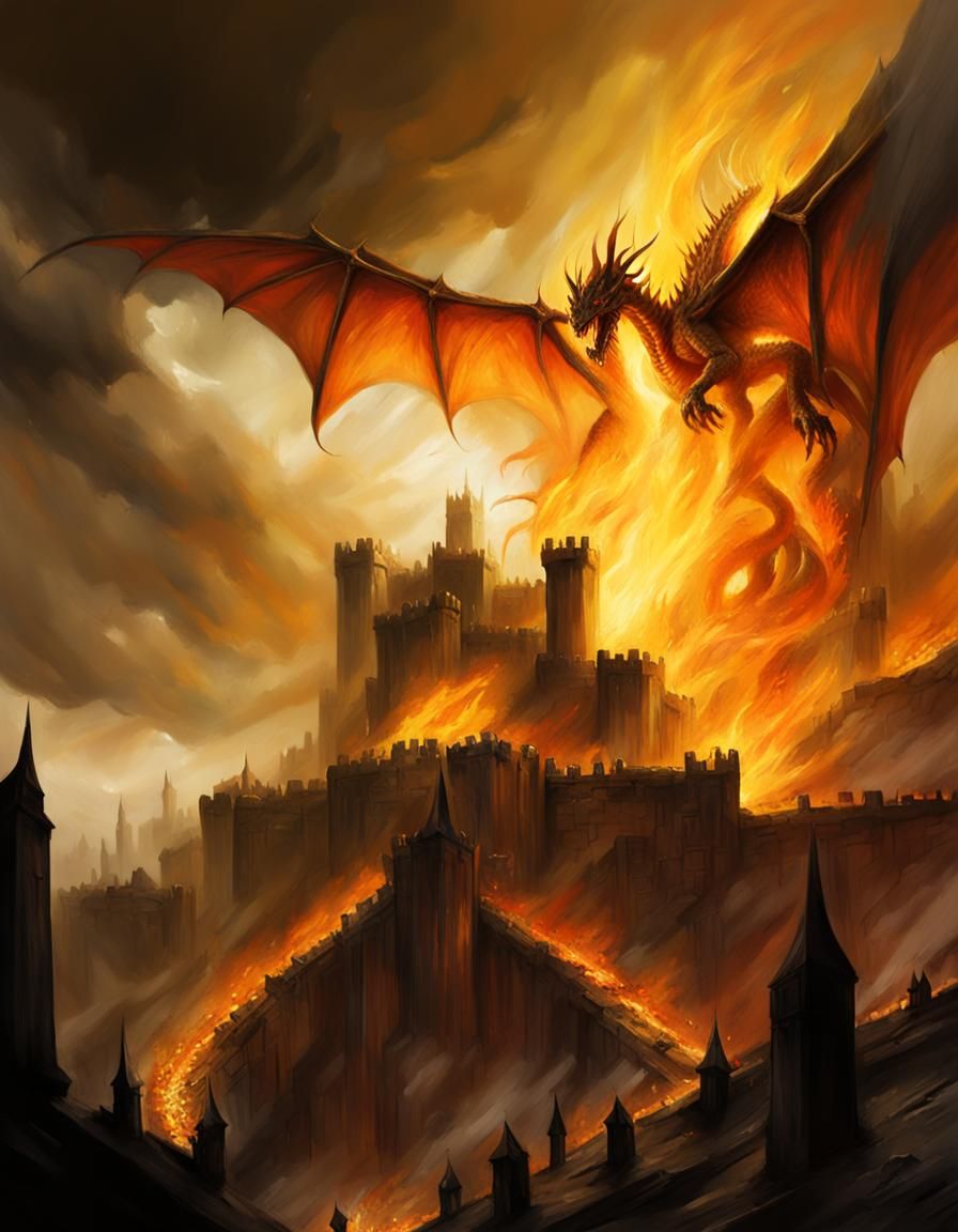 Surreal Oil Painting of a Monstrous Dragon Conquering the Ni...