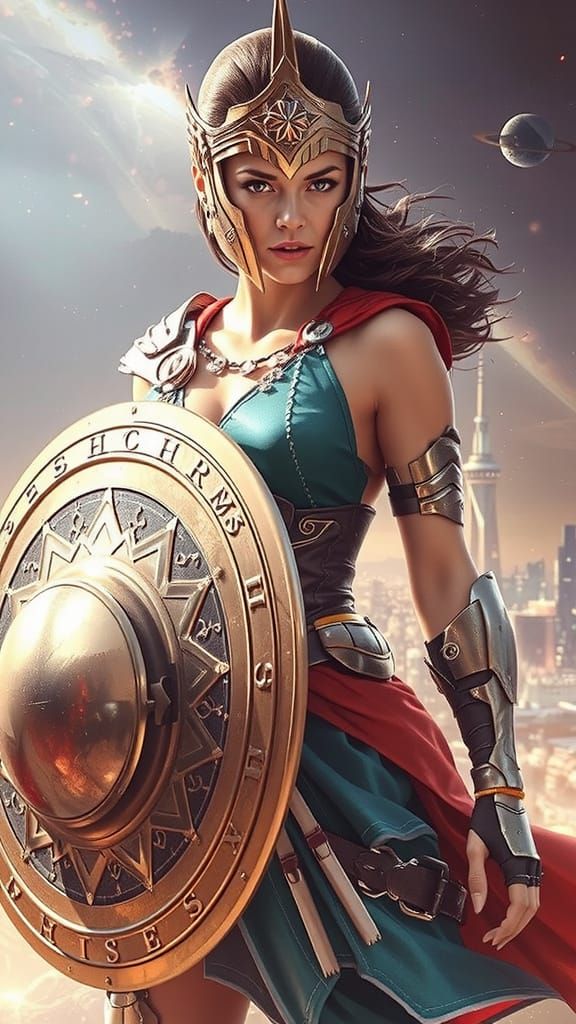 Amazon Warrior in Futuristic Armor Overlooking Cyberpunk Cit...