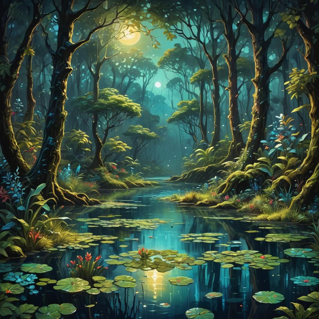 Bioluminescent Lagoon: Neo-Impressionist Acrylic Painting