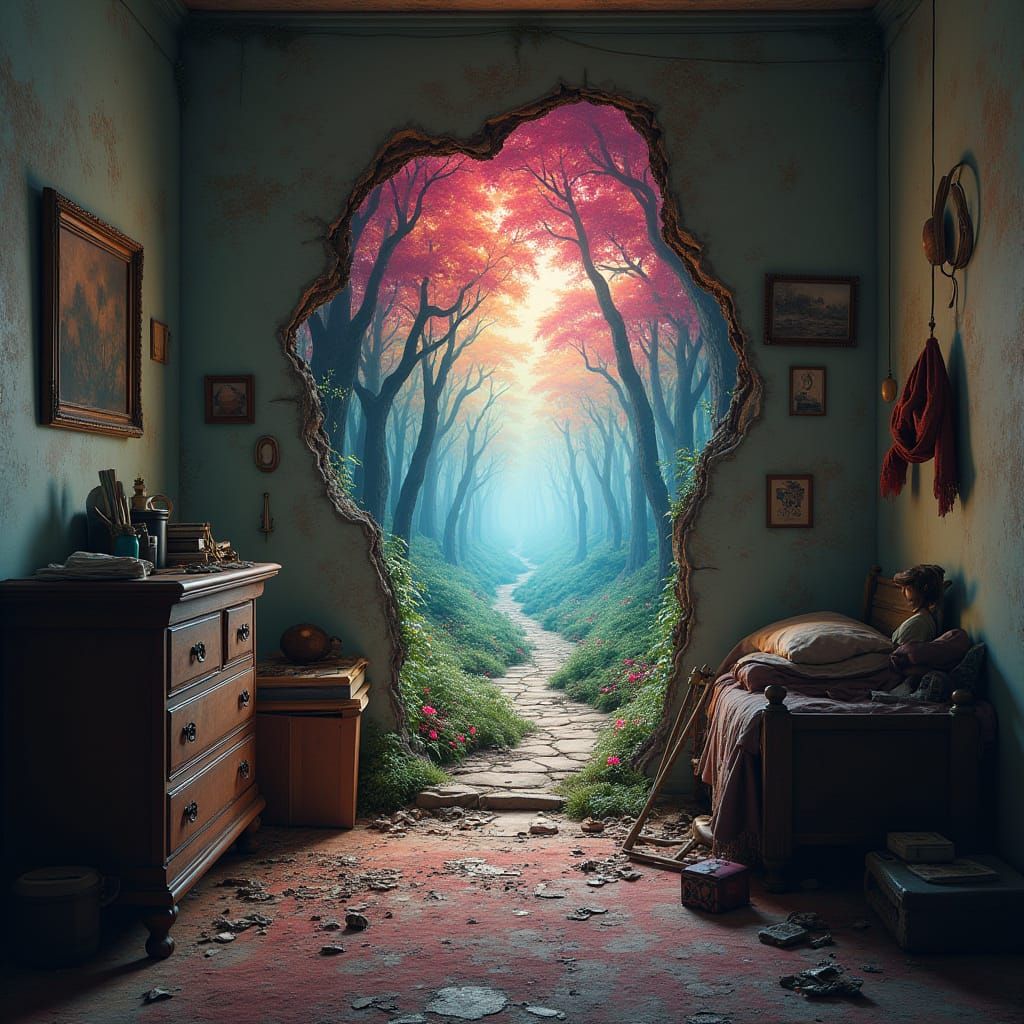 Mythic Portal to Enchanted Forest in a Worn Bedroom Wall